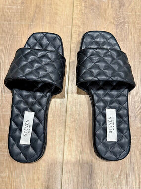 Steven Quilted Slide Sandals in Black